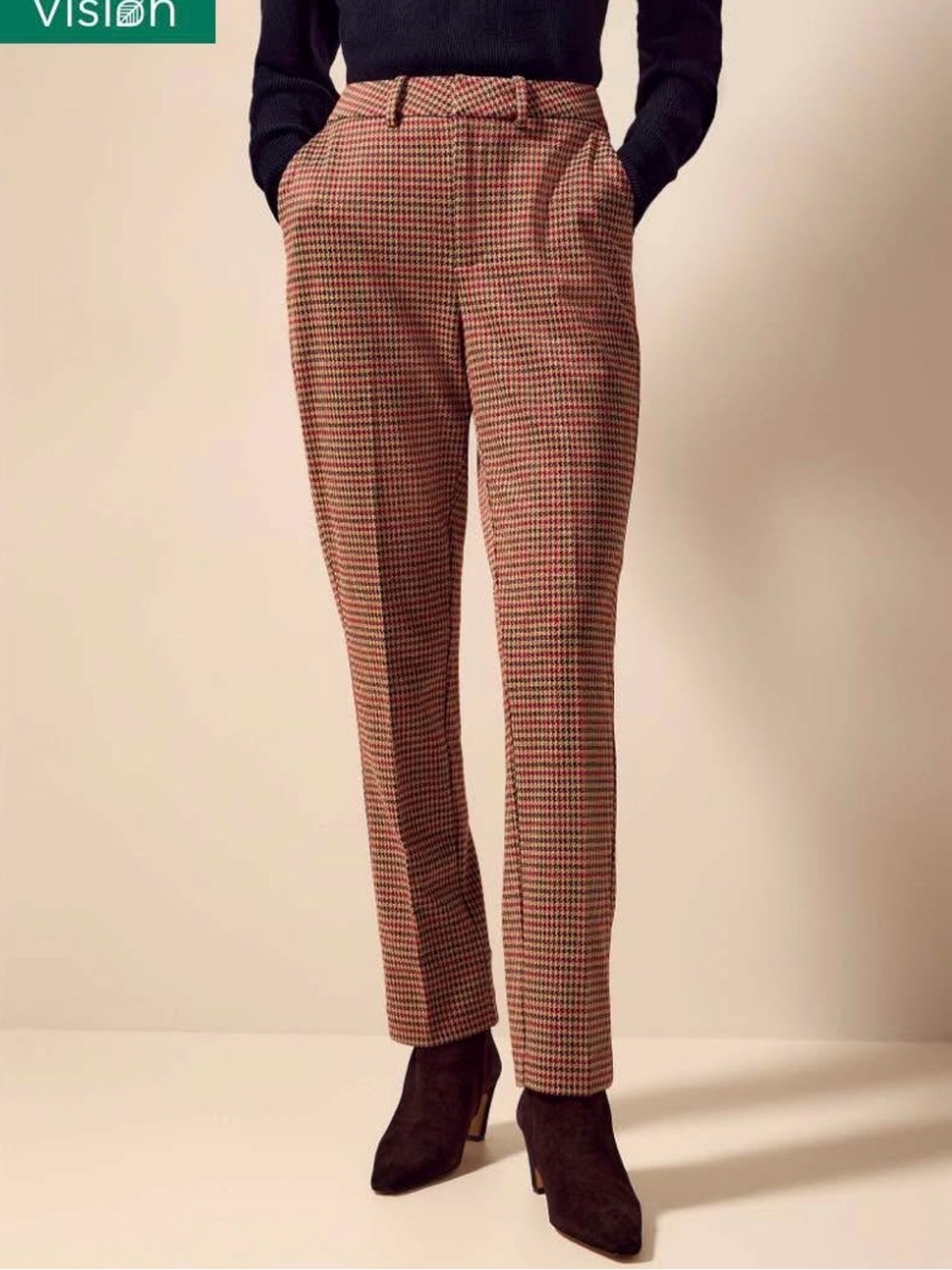 Simons Beige/Black Houndstooth Tailored Straight-Leg Trousers